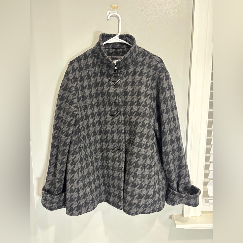 Cinzia Rocca Due Womens Wool Pea Coat Toggle Up Houndstooth Gray Black US 10